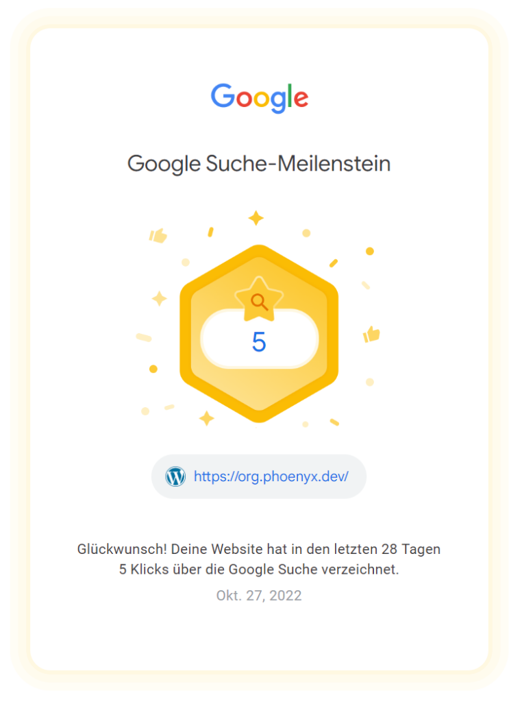 Bild aus einer Email von Google. Meine Webseite hat 5 Klicks bekommen. 