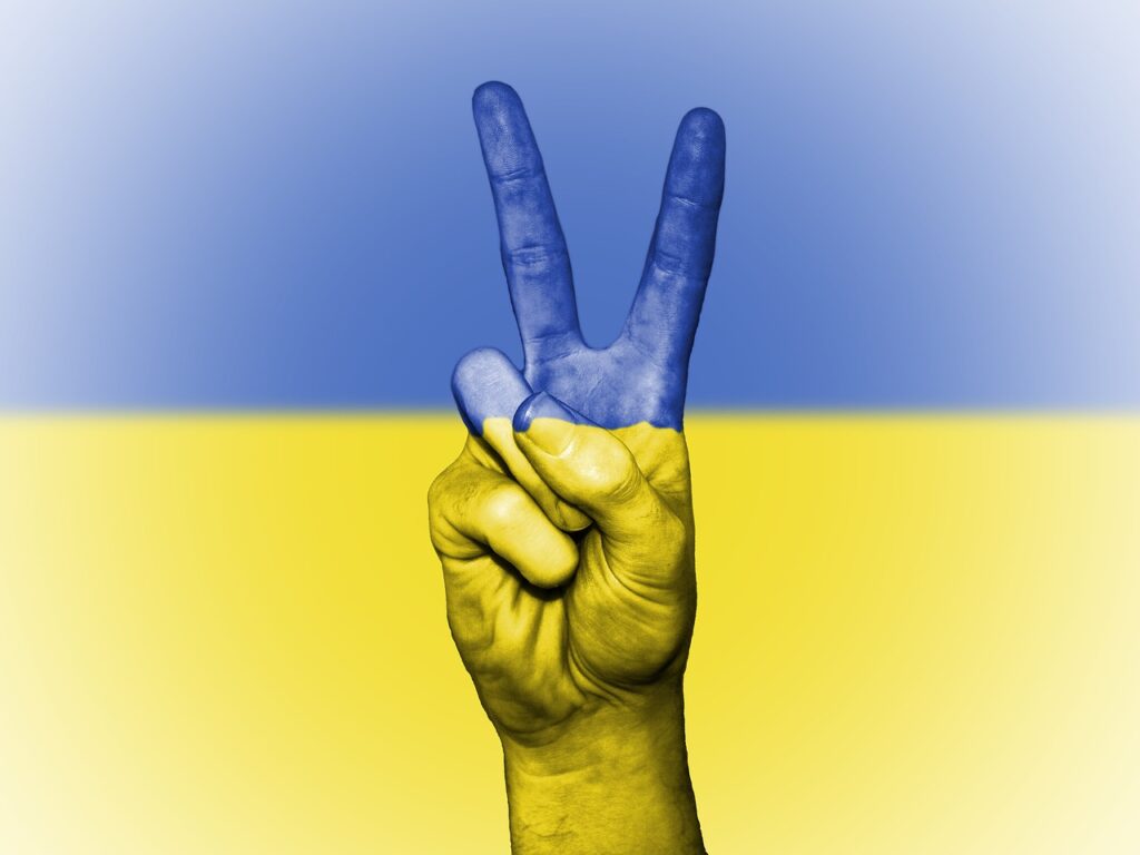 Just my two cents Ukrainische Flagge mit Hand Peace Zeichen