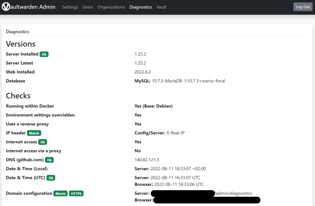 Ansicht der Diagnostics Auswertung meiner Vaultwarden Installation
