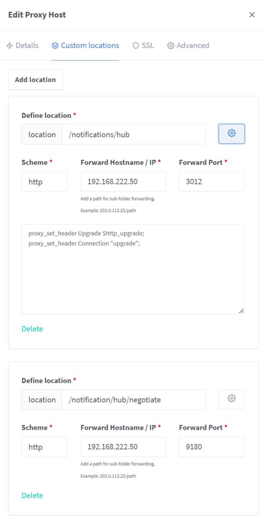 Ansicht der Proxy Host Config für Custom Locations